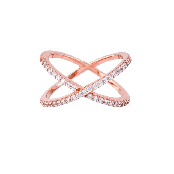 Rose Gold Tone Cubic Zirconia X-Band Ring  | Vintage Sterling Silver | Size 5.25 - Picture 2 of 10